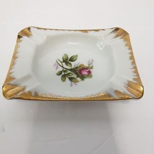 Vintage Miniature Porcelain Hand Painted Rose Bud Ashtray 4" Gold MCM Tobacciana